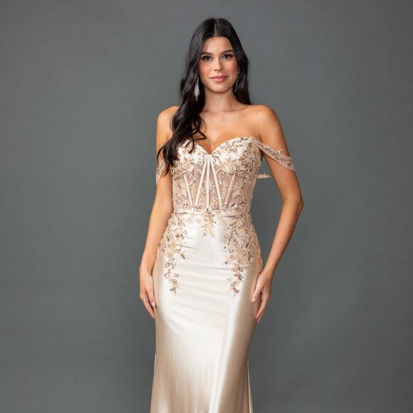 New Off Shoulder Maxi Prom Gown w/ Floral Lace Over Sheer Boned Bodice DQ 4540 - Picture 7 of 9
